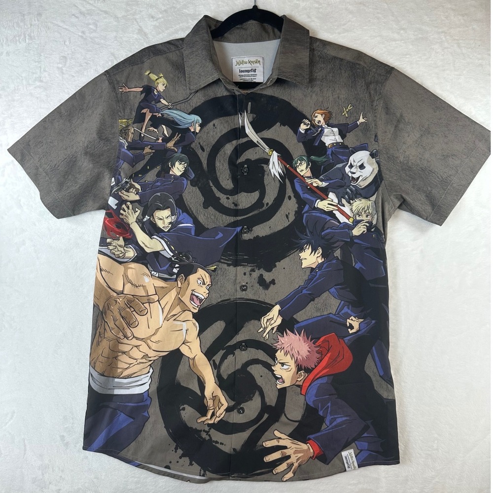 Loungefly Jujutsu Kaisen Anime Button Down Shirt Grey Small Short Sleeve
